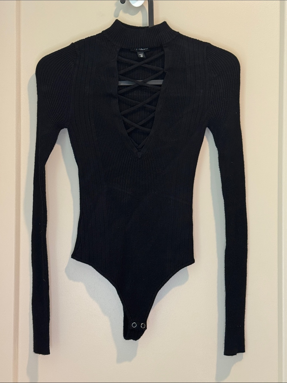 Express Black Ribbed Lace-Up V-Neck Long Sleeve Bodysuit